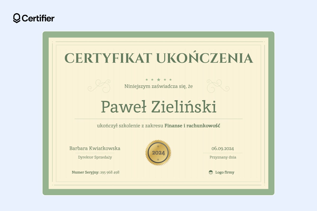 Zielony wzór certyfikatu szkolenia Zielony wzór certyfikatu szkolenia