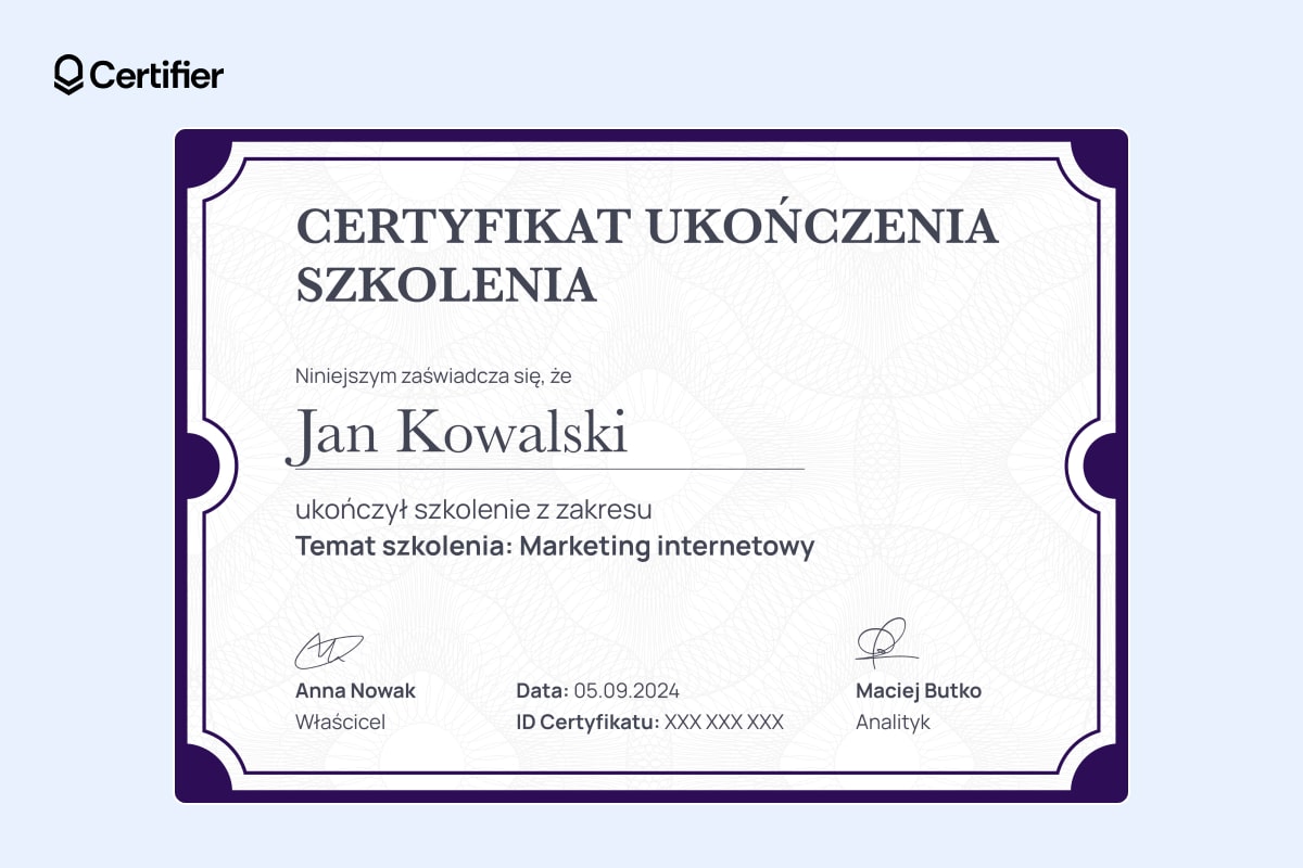 Edytowalny wzór certyfikatu szkolenia Edytowalny wzór certyfikatu szkolenia