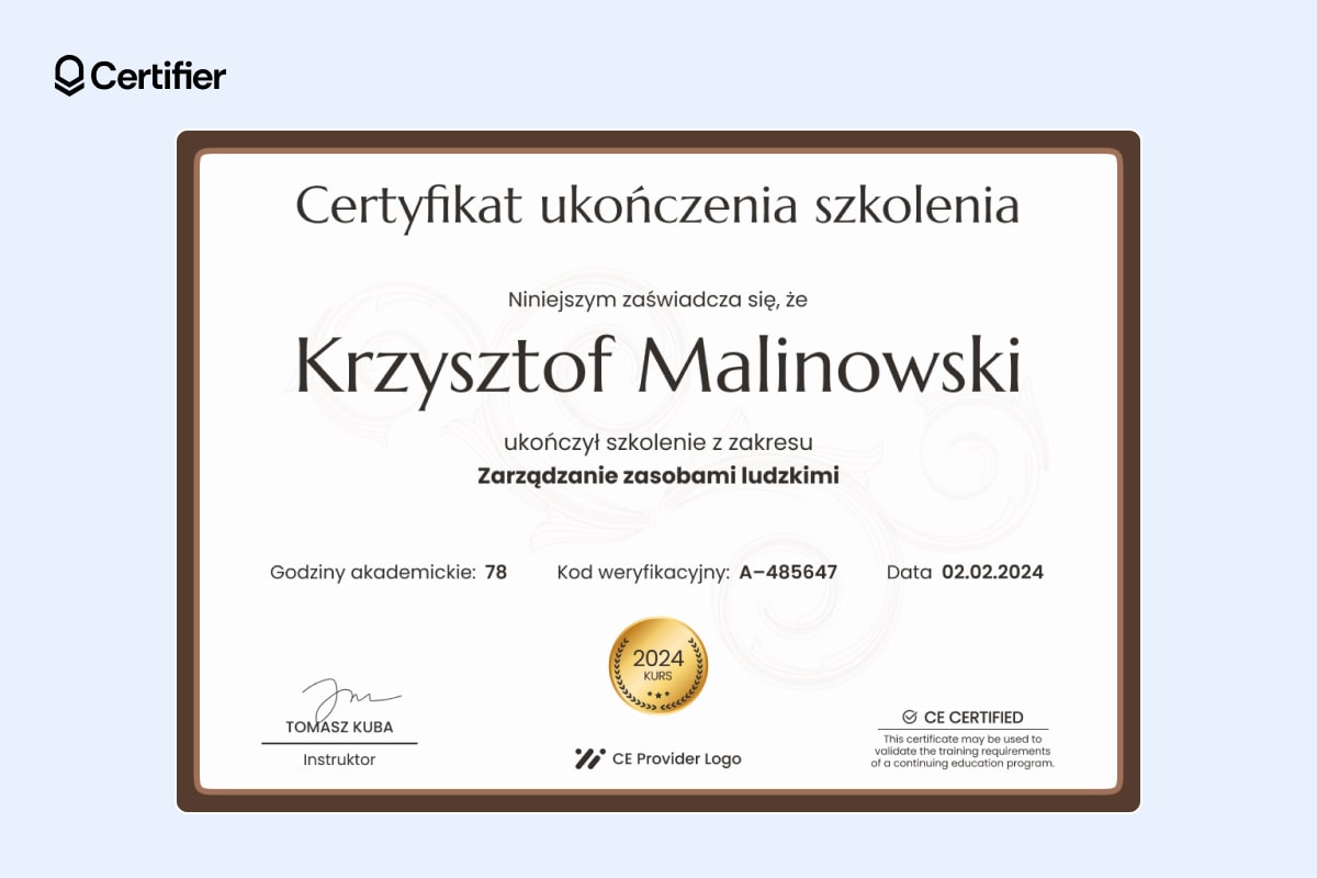 Wzór certyfikatu dla oficjalnej formy programu szkoleniowego Wzór certyfikatu dla oficjalnej formy programu szkoleniowego