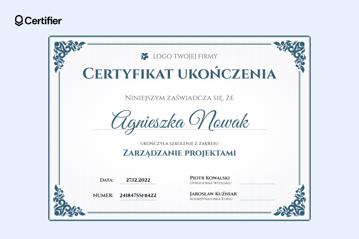 Jasny wzór certyfikatu szkoleniowego Jasny wzór certyfikatu szkoleniowego