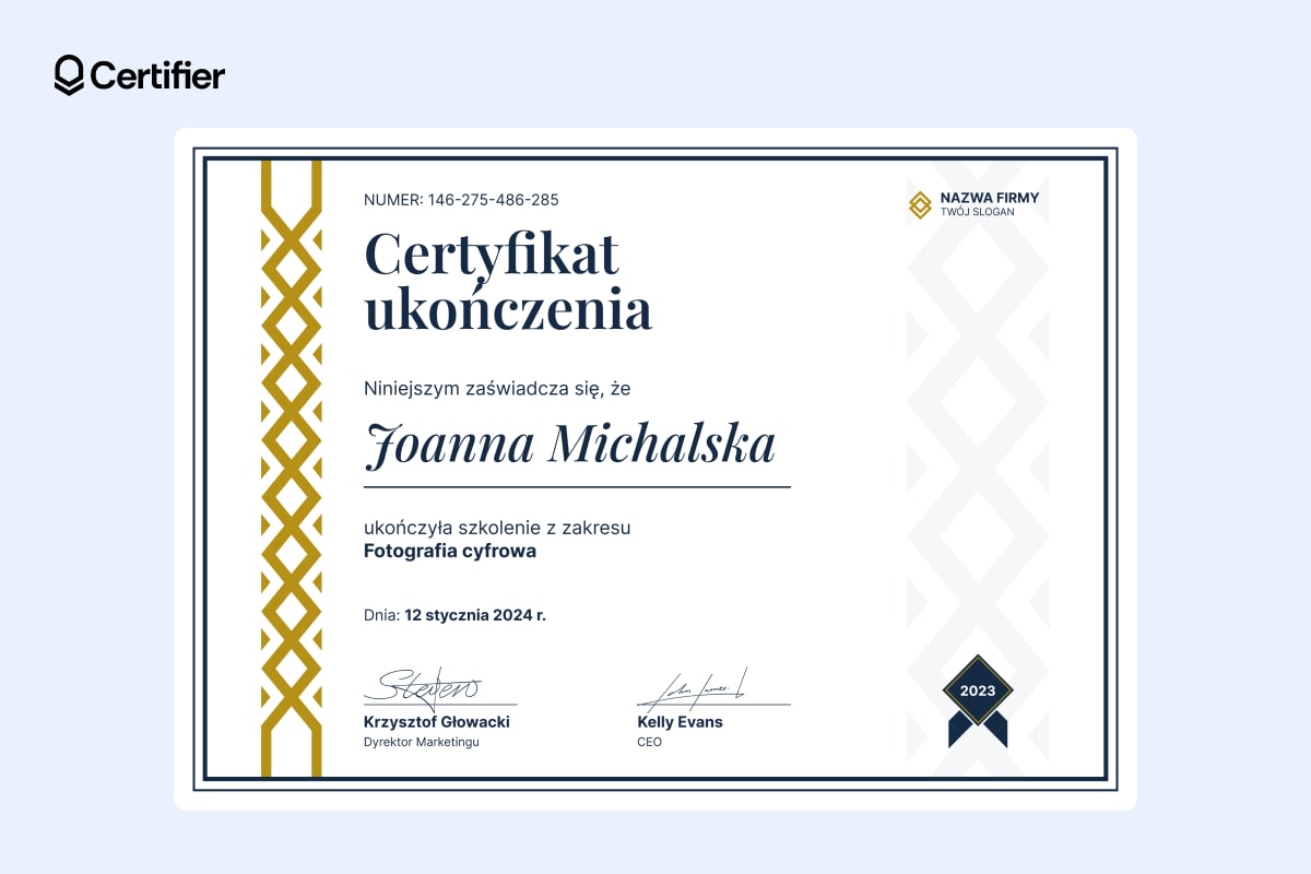Żółty wyróżniający się wzór certyfikatu szkoleniowego Żółty wyróżniający się wzór certyfikatu szkoleniowego