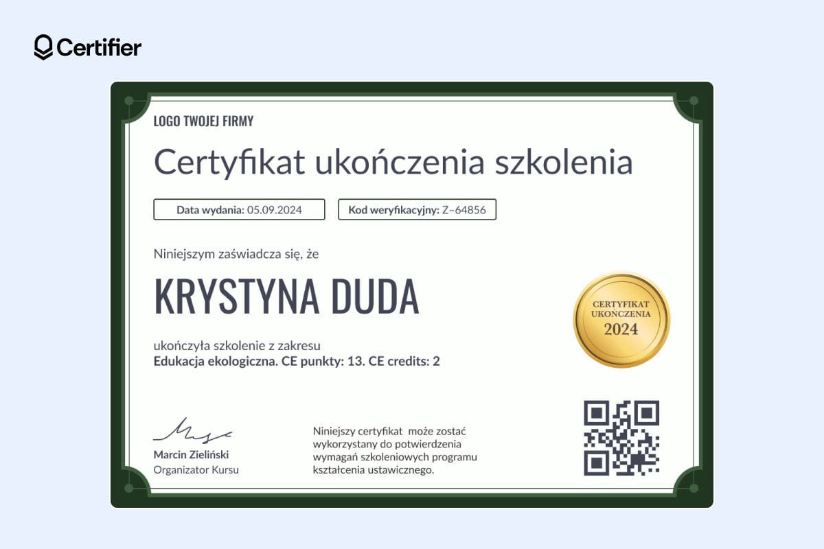 Prosty wzór certyfikatu szkoleniowego Prosty wzór certyfikatu szkoleniowego