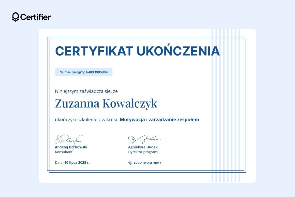 Uniwersalny wzór certyfikatu szkoleniowego Uniwersalny wzór certyfikatu szkoleniowego