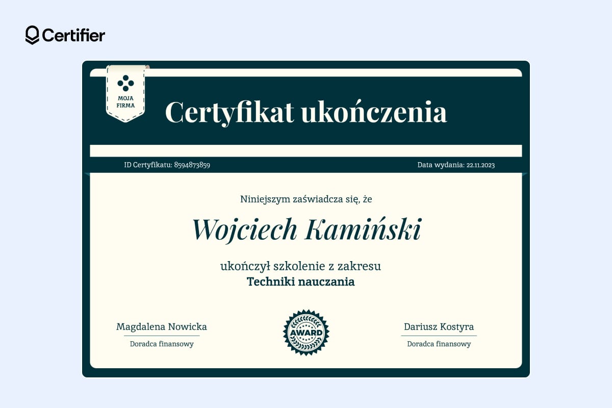 Wzór certyfikatu szkoleniowego dla szkół i uczelni Wzór certyfikatu szkoleniowego dla szkół i uczelni