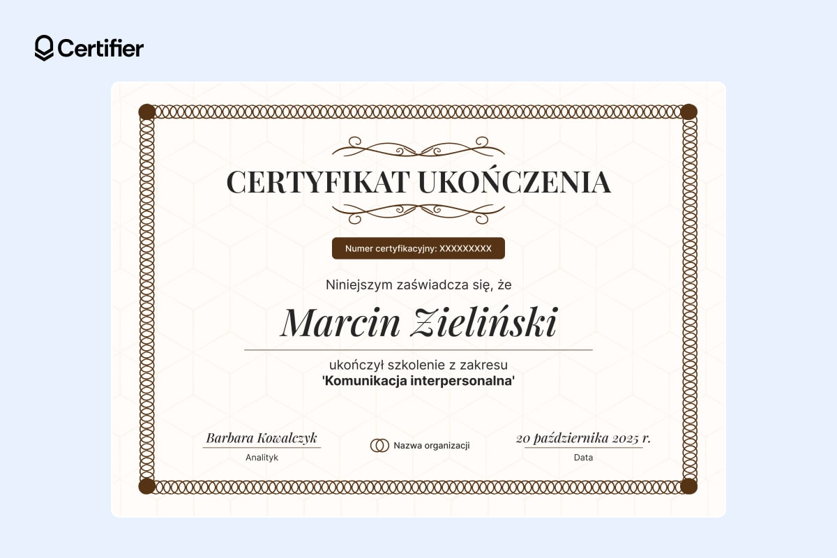 Wzór certyfikatu szkoleniowego do druku Wzór certyfikatu szkoleniowego do druku