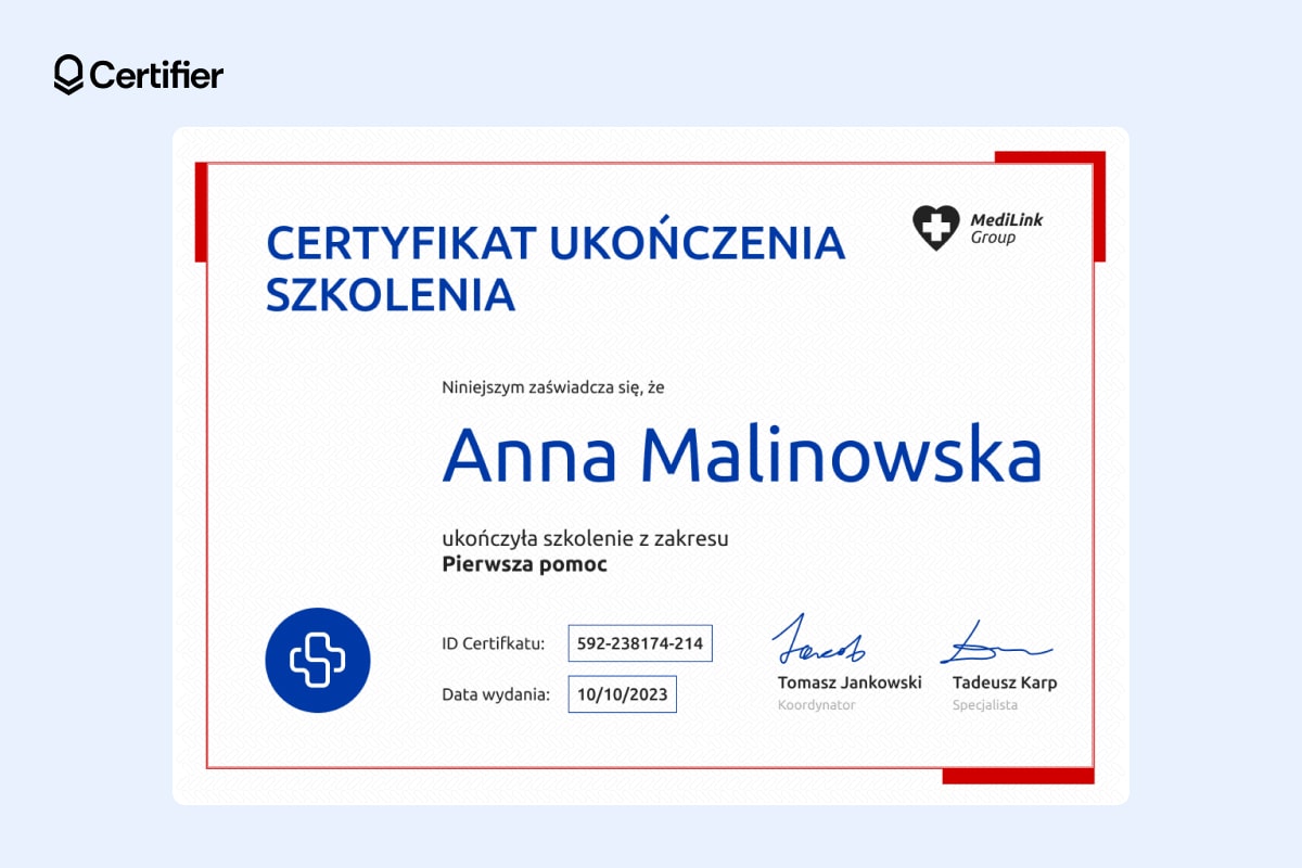 Wzór certyfikatu dla szkoleń z pierwszej pomocy Wzór certyfikatu dla szkoleń z pierwszej pomocy