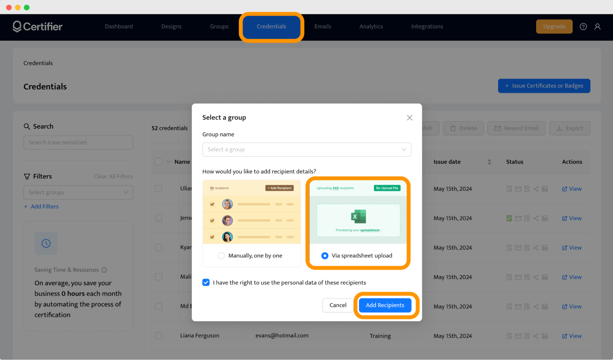 Uploading recipients data to the Certifier dashboard to generate digital credentials in bulk. Uploading recipients data to the Certifier dashboard to generate digital credentials in bulk.