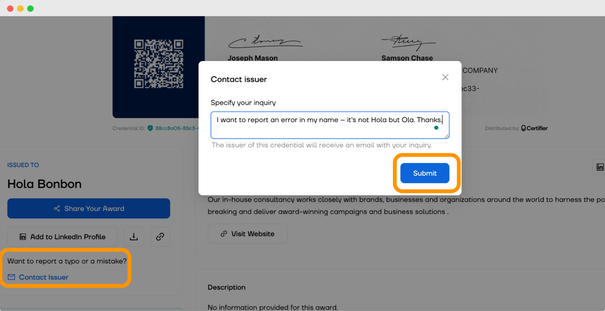 Reporting a problem with digital credential within the Certifier digital wallet. Reporting a problem with digital credential within the Certifier digital wallet.