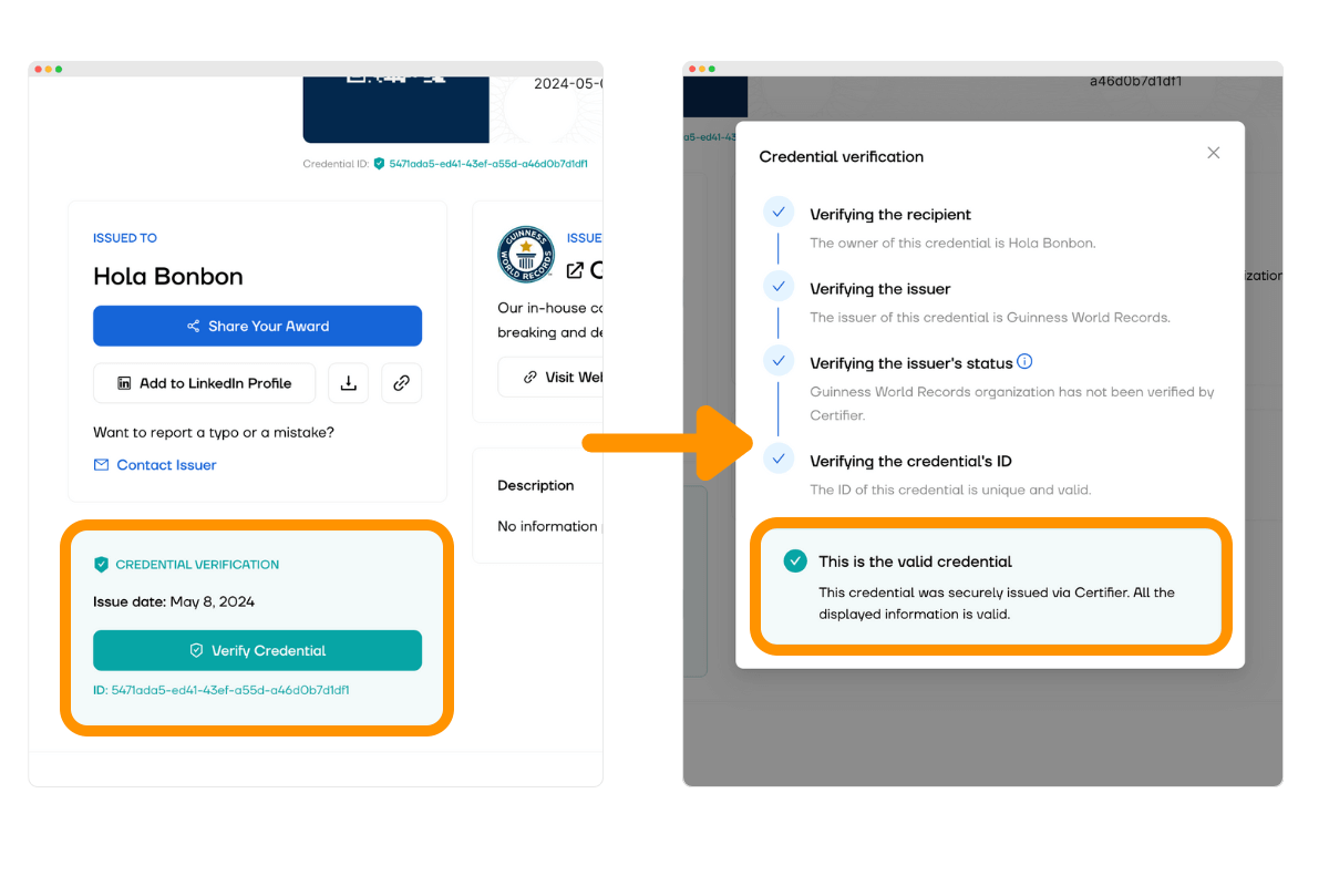 The verification process of the digital credential issued on Certifier. The verification process of the digital credential issued on Certifier.