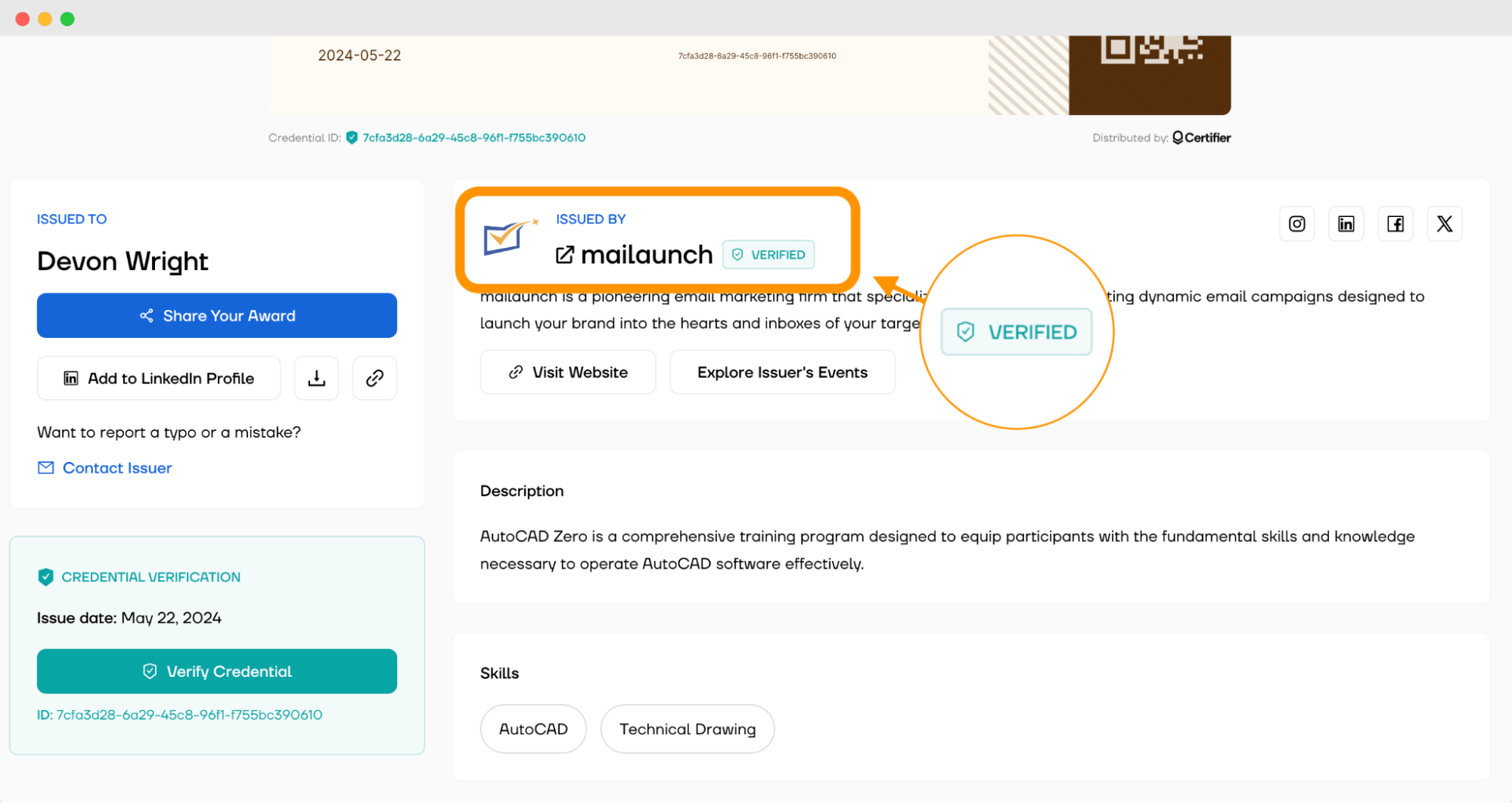 Verified issuer badge in the digital wallet to increase the certification program reliability. Verified issuer badge in the digital wallet to increase the certification program reliability.