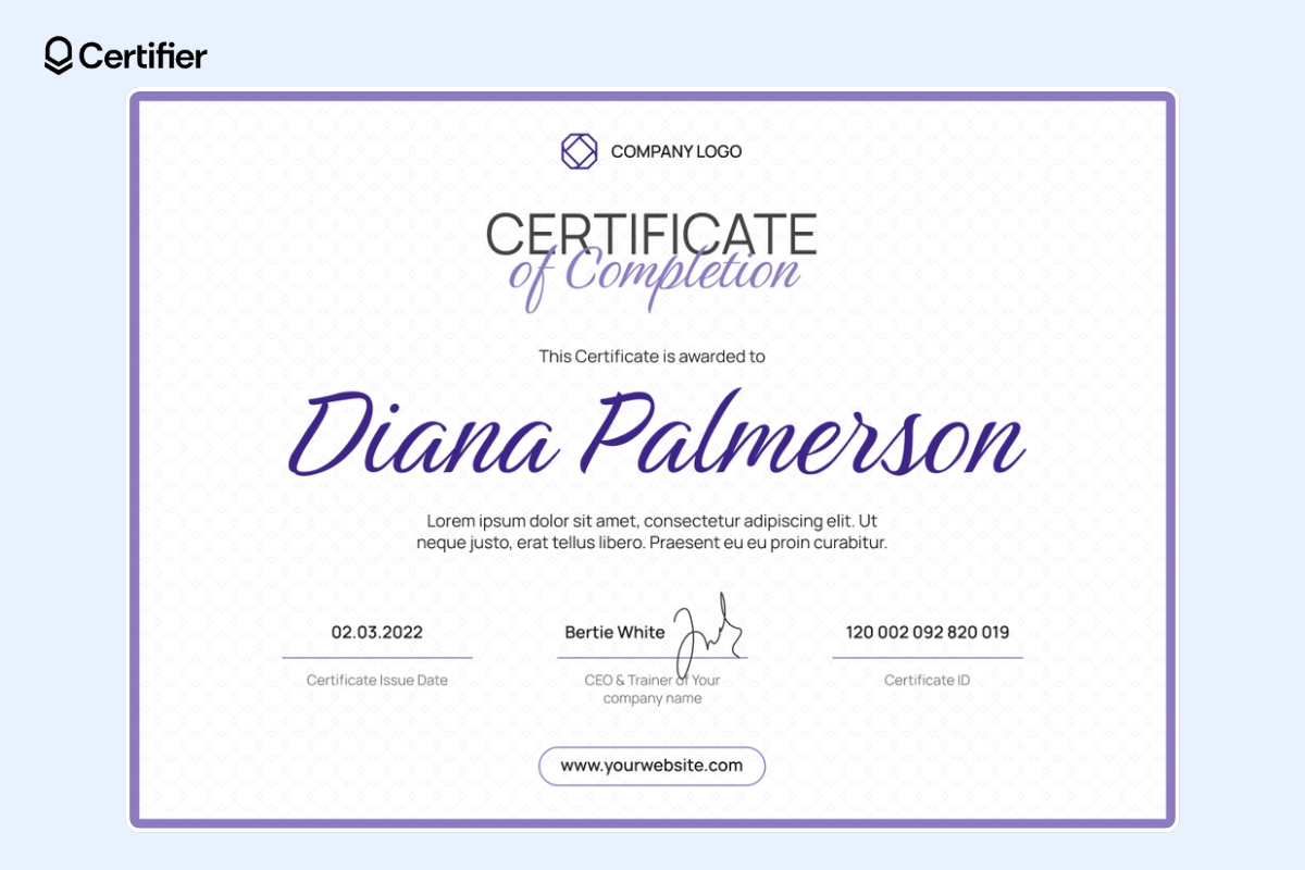 Simple violet free powerpoint certificate template with organized layout and dedicated place for date and issuer's company logo. Simple violet free powerpoint certificate template with organized layout and dedicated place for date and issuer's company logo.
