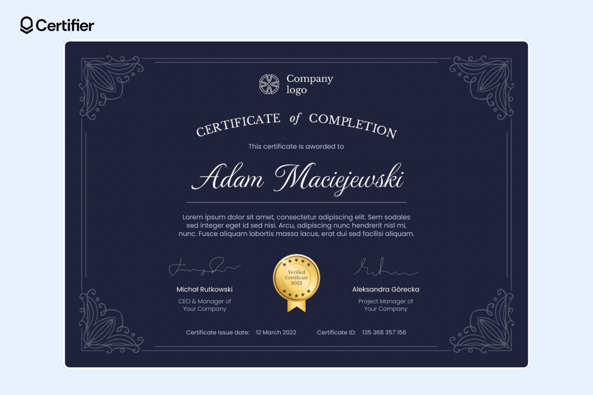 Simple Google Slides award certificate with dark background.