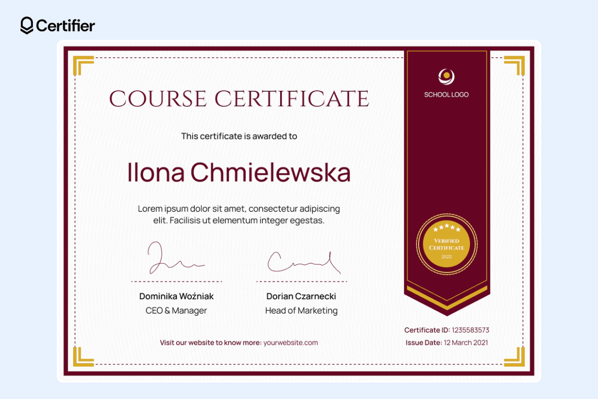 Certificate Google Slides template for course completion with red ribbon and golden badge.