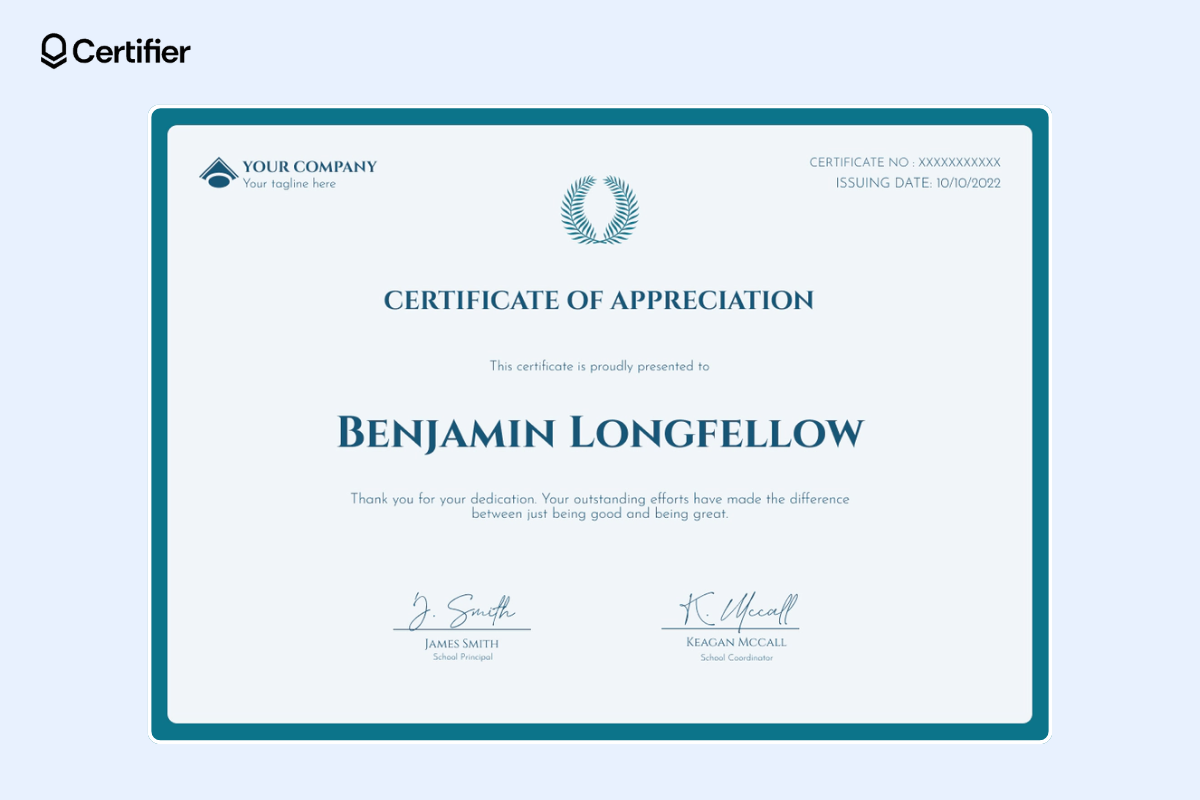 Basic google slides certificate template in blue colors and with wider borders.