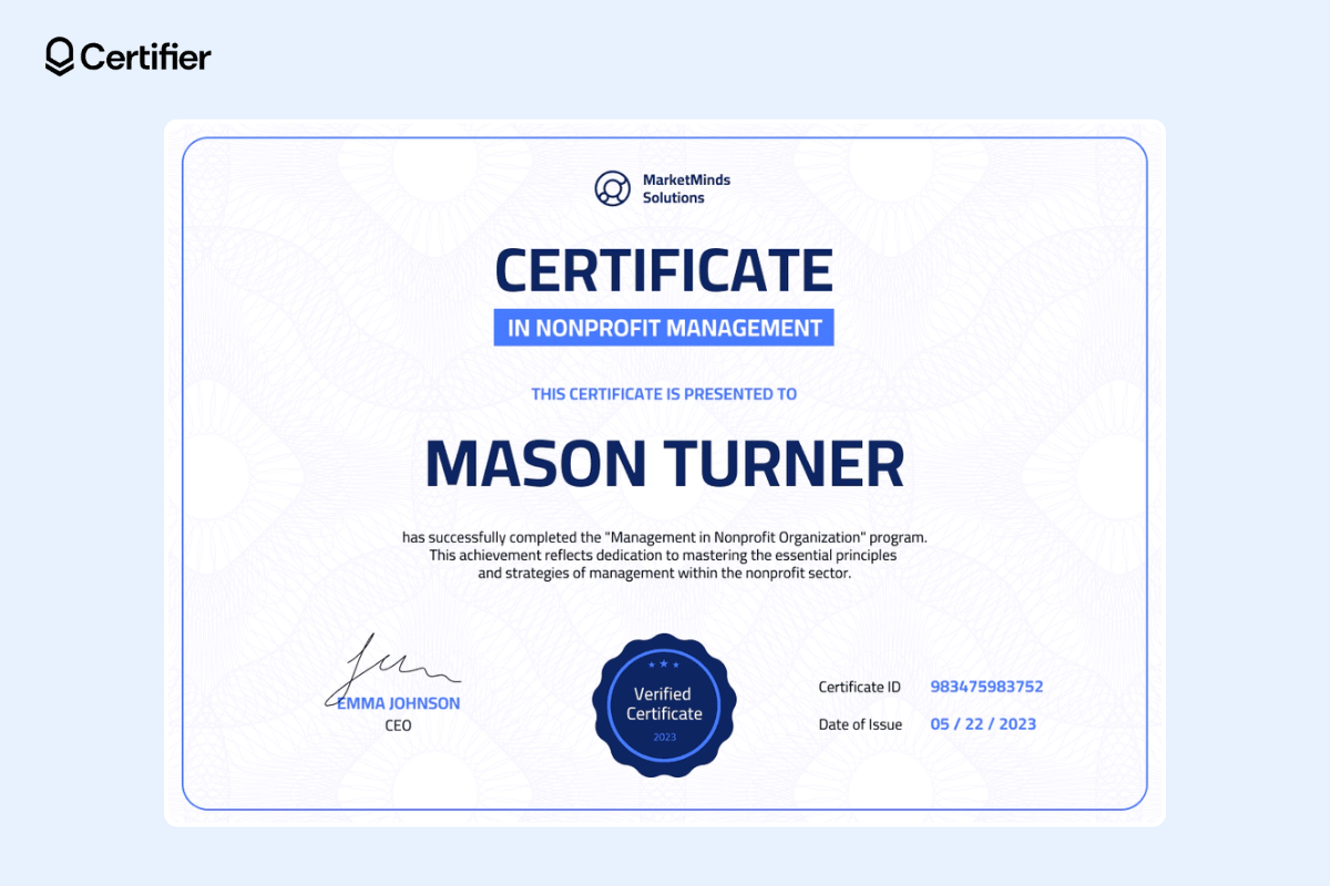 Minimalistic Figma certificate template with subtle blue elements. Minimalistic Figma certificate template with subtle blue elements.