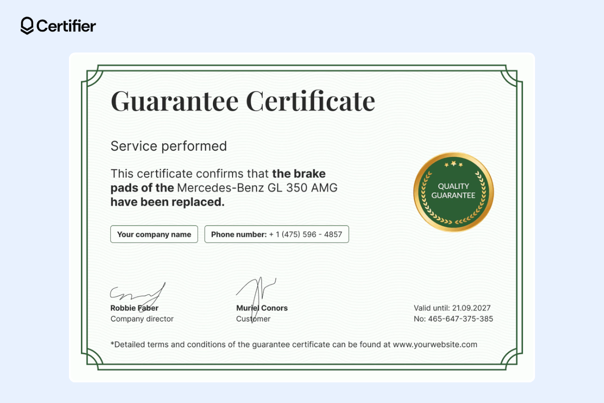 Green gradient Figma certificate template with subtle borders and dedicated space for company's logo and phone number. Green gradient Figma certificate template with subtle borders and dedicated space for company's logo and phone number.