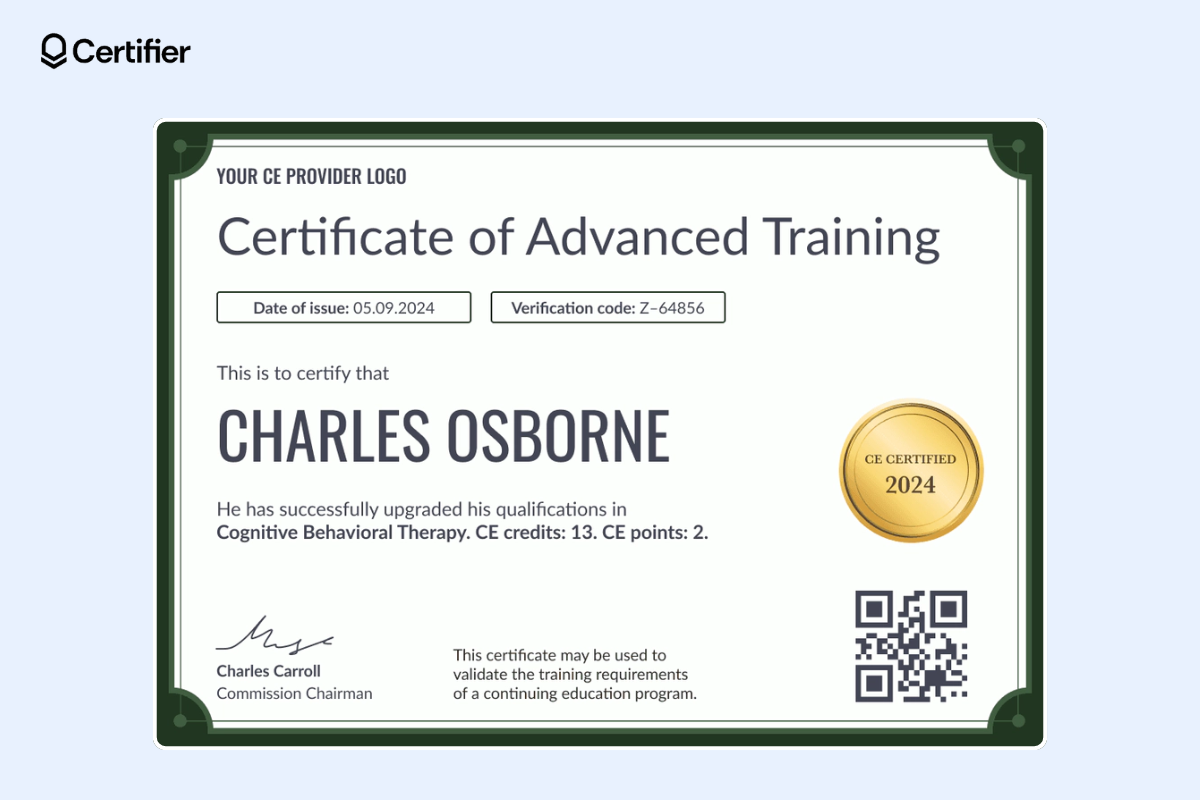 Detailed certificate template for Figma with a QR code and golden badge at the right corner. Detailed certificate template for Figma with a QR code and golden badge at the right corner.