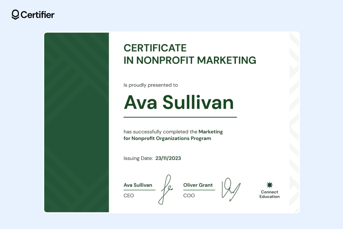 Green decorative and simple Figma certificate template with graphic pattern in the background. Green decorative and simple Figma certificate template with graphic pattern in the background.