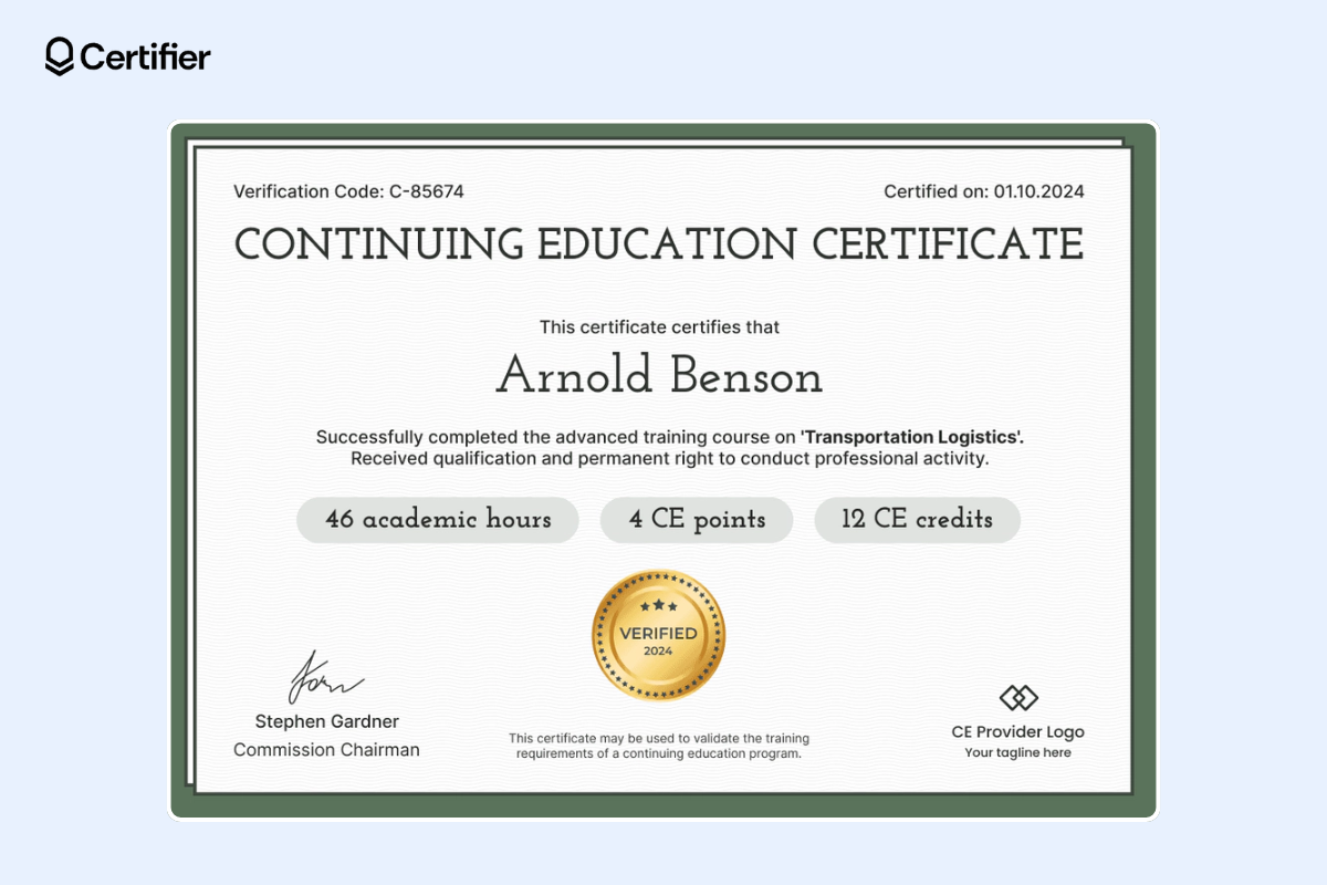 Free Figma CE certificate template with golden badge and dedicated space for course details. Free Figma CE certificate template with golden badge and dedicated space for course details.