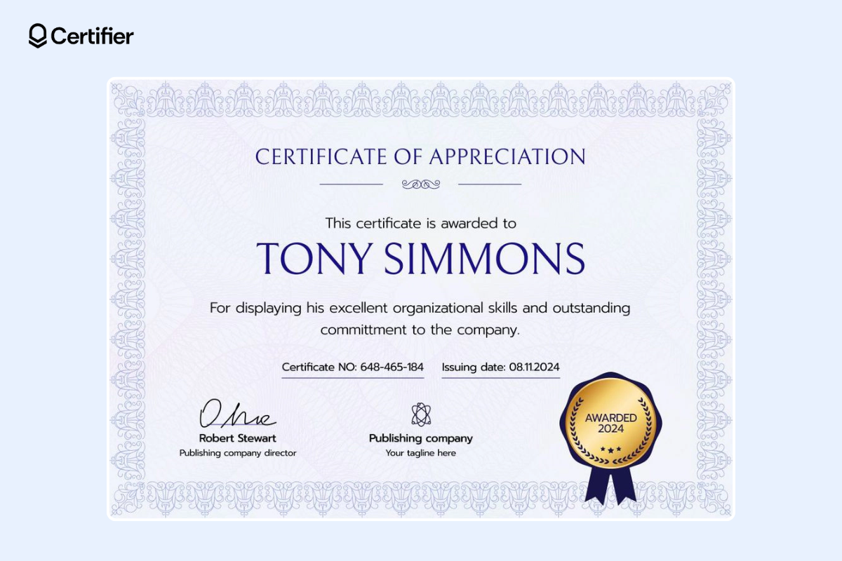 College style classy Figma certificate template with golden badge at the bottom right. College style classy Figma certificate template with golden badge at the bottom right.
