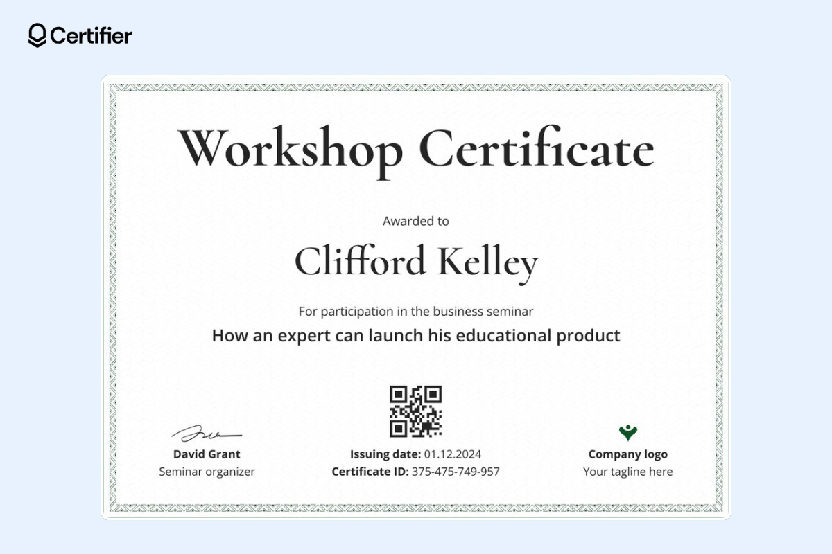 Simple Figma certificate template with QR code and company's logo. Simple Figma certificate template with QR code and company's logo.