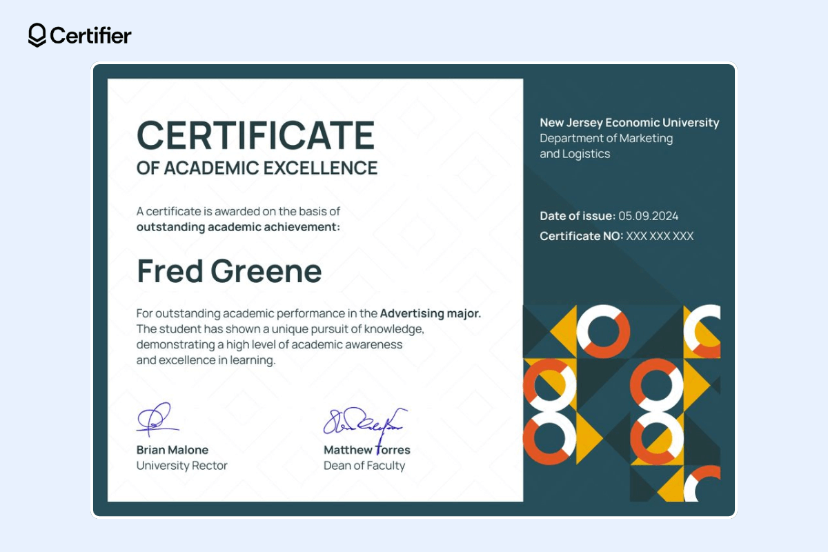 Certificate of academic excellence featuring dark teal background, dynamic abstract elements, name, date of issue, and certificate number. Certificate of academic excellence featuring dark teal background, dynamic abstract elements, name, date of issue, and certificate number.