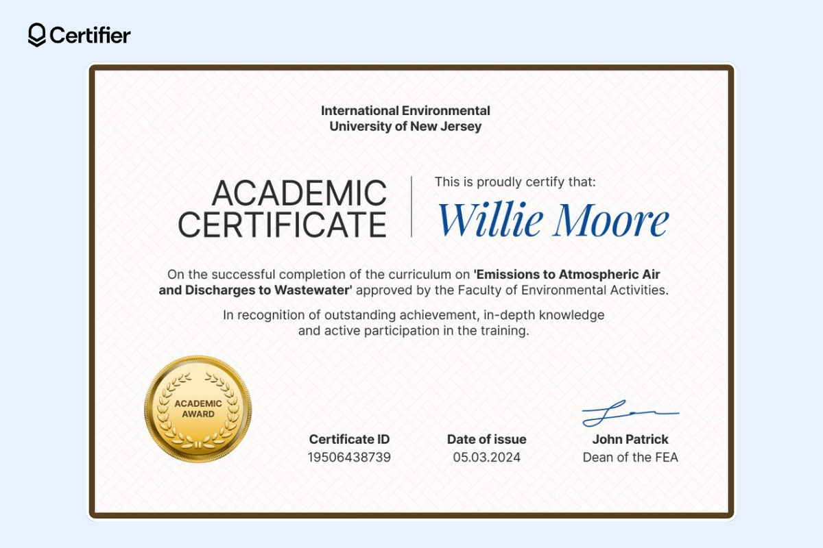 Academic certificate example with brown borders, gold badge, certificate ID and a place for date of issue. Academic certificate example with brown borders, gold badge, certificate ID and a place for date of issue.