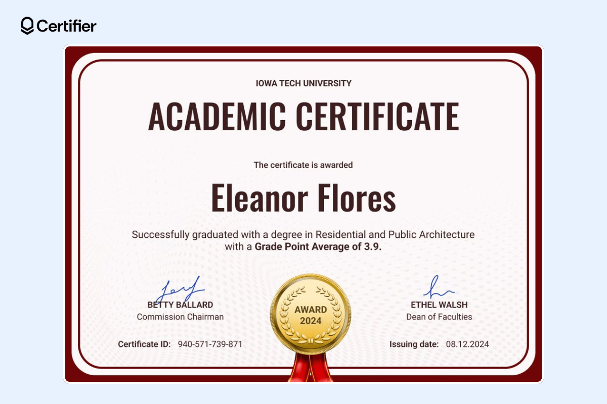 Academic certificate template with bold fonts, wide burgundy borders, GPA, certificate ID, issuing date, and gold seal with red ribbon. Academic certificate template with bold fonts, wide burgundy borders, GPA, certificate ID, issuing date, and gold seal with red ribbon.