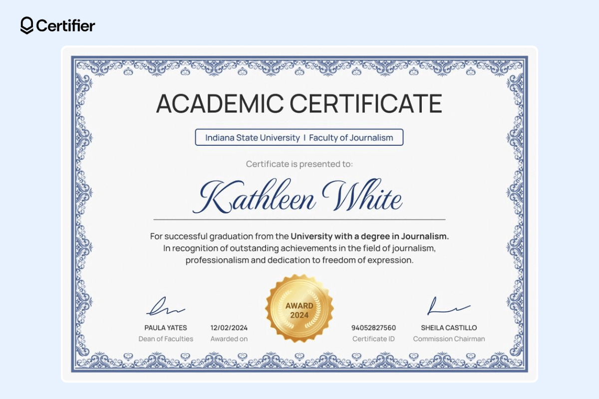 Academic certificate template free download with ornamented blue border, gold seal, date of issue, and certificate ID. Academic certificate template free download with ornamented blue border, gold seal, date of issue, and certificate ID.