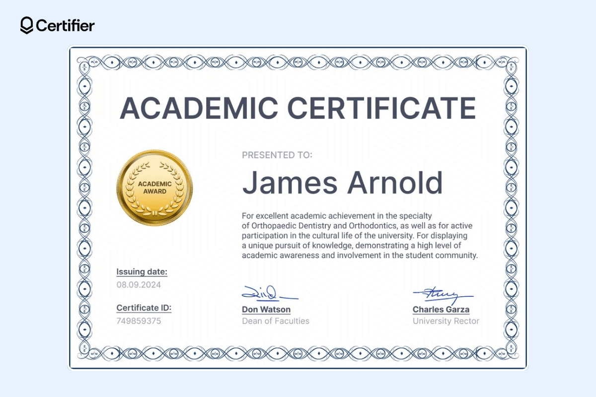 Certificate for academic excellence with white background, blue accents and border, gold seal, signatures, certificate ID, and issuing date. Certificate for academic excellence with white background, blue accents and border, gold seal, signatures, certificate ID, and issuing date.