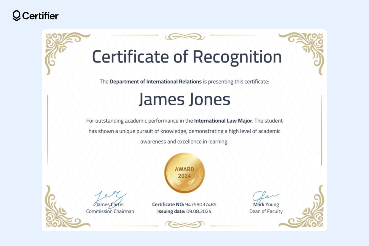 Academic certificate sample with a white background, gold embellishments, ID, name, issuing date. Academic certificate sample with a white background, gold embellishments, ID, name, issuing date.