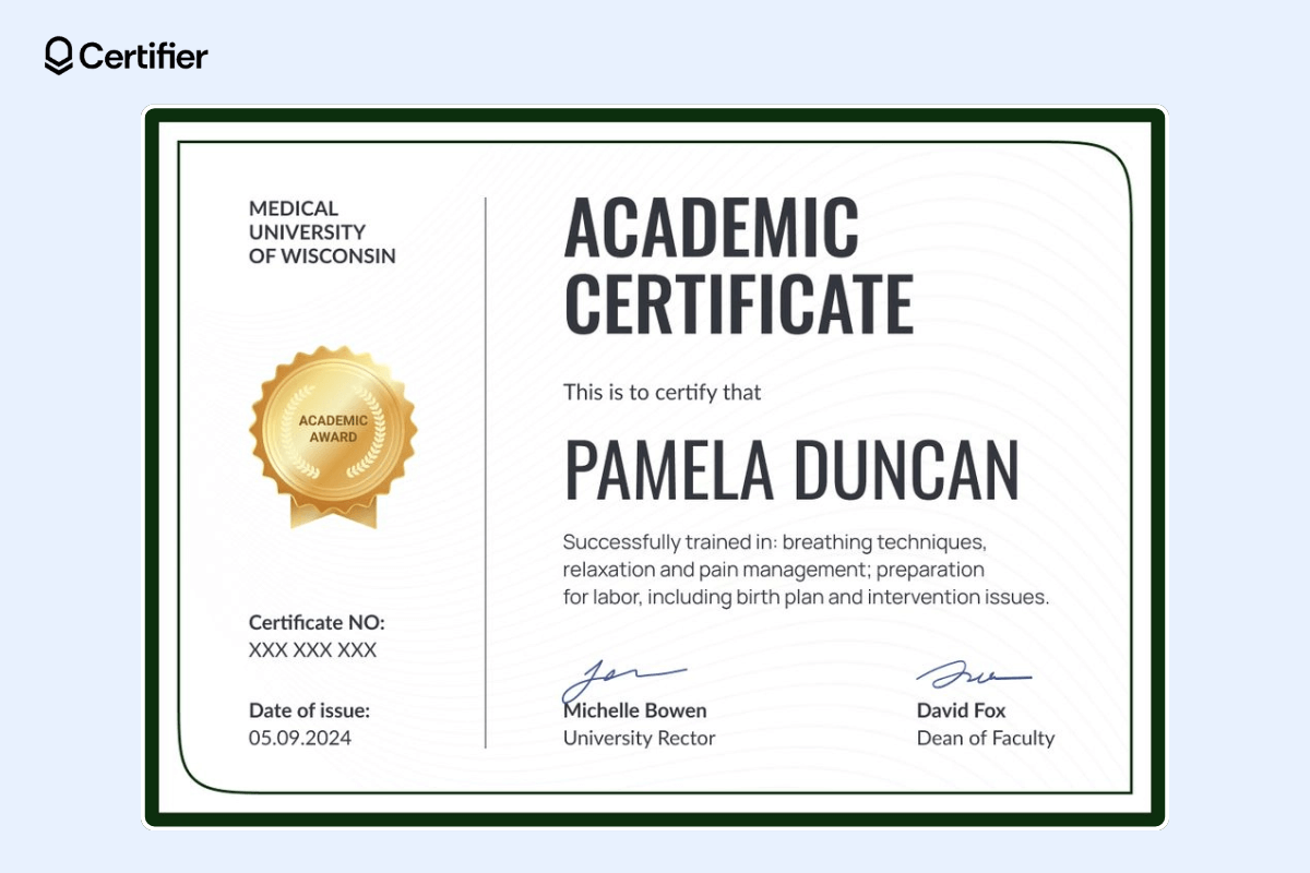 Academic achievement certificate template with a white background, subtle waves pattern, bold fonts, gold seal, certificate ID, and date of issue. Academic achievement certificate template with a white background, subtle waves pattern, bold fonts, gold seal, certificate ID, and date of issue.