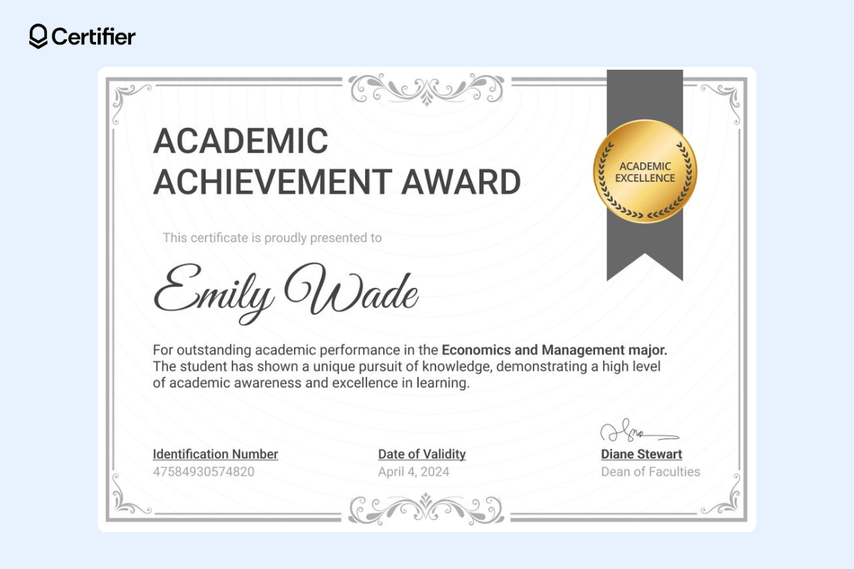 Academic excellence award certificate with gray accents and border, gold seal, name in italic font, identification number, and date of validity. Academic excellence award certificate with gray accents and border, gold seal, name in italic font, identification number, and date of validity.