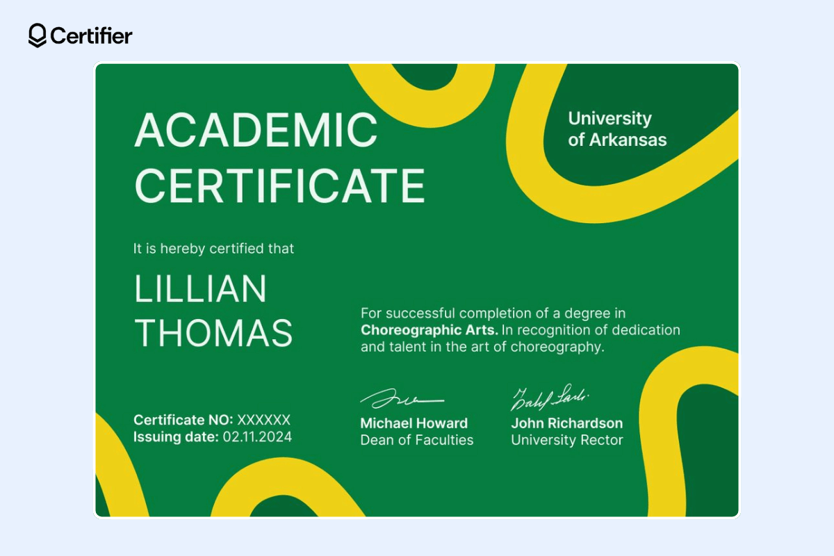 Academic certificate template for free download with vibrant green background, abstract patterns, sans-serif font, certificate number, logo, and issuing date. Academic certificate template for free download with vibrant green background, abstract patterns, sans-serif font, certificate number, logo, and issuing date.