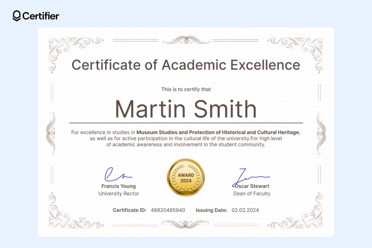 Certificate of academic excellence template with a white background, subtle brown accents, gold seal, signatures, certificate ID, and issueing date. Certificate of academic excellence template with a white background, subtle brown accents, gold seal, signatures, certificate ID, and issueing date.