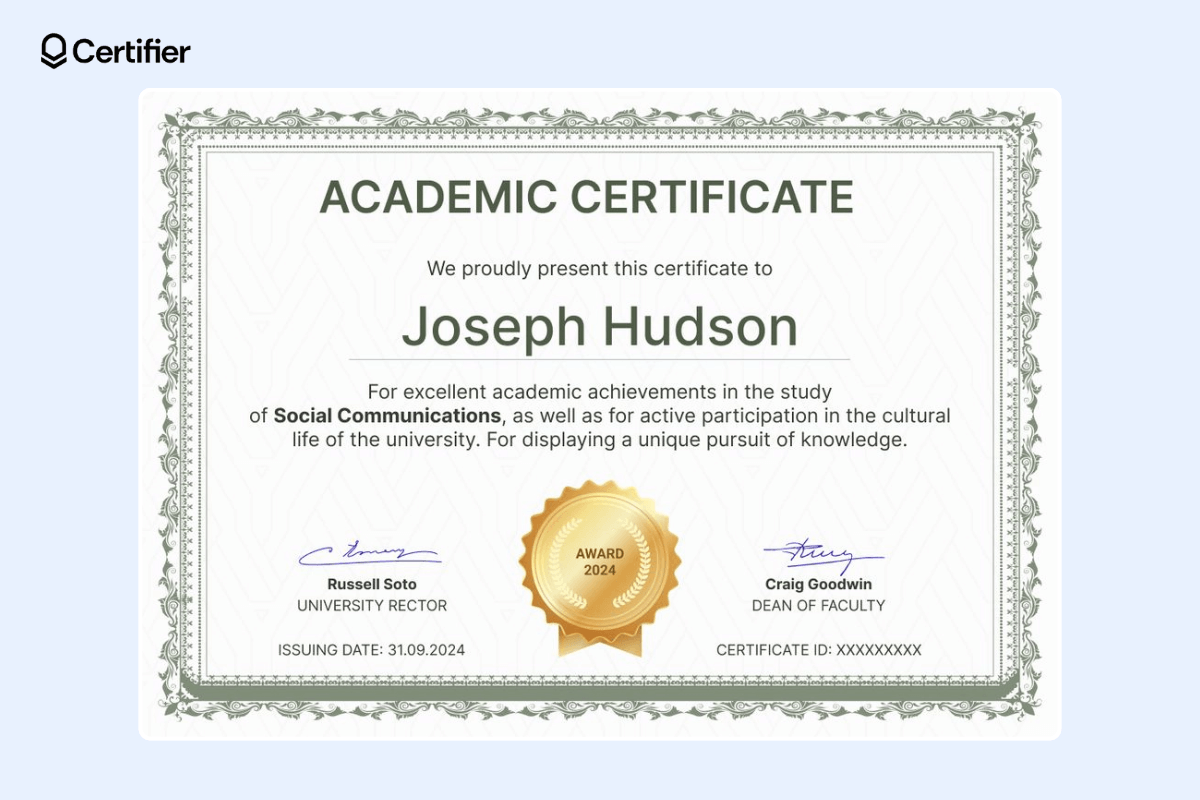 Academic achievement certificate template with a beautiful olive green border and accents, gold seal, signatures, issuing date, and ID. Academic achievement certificate template with a beautiful olive green border and accents, gold seal, signatures, issuing date, and ID.