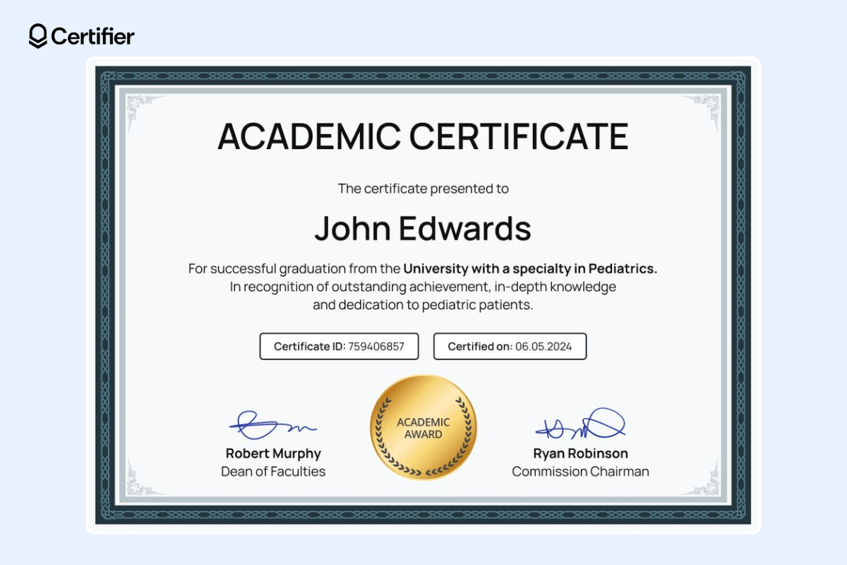 Certificate of academic excellence template with a white background, solid, wide, ornate, dark navy border, gold seal, signatures, ID, and date. Certificate of academic excellence template with a white background, solid, wide, ornate, dark navy border, gold seal, signatures, ID, and date.