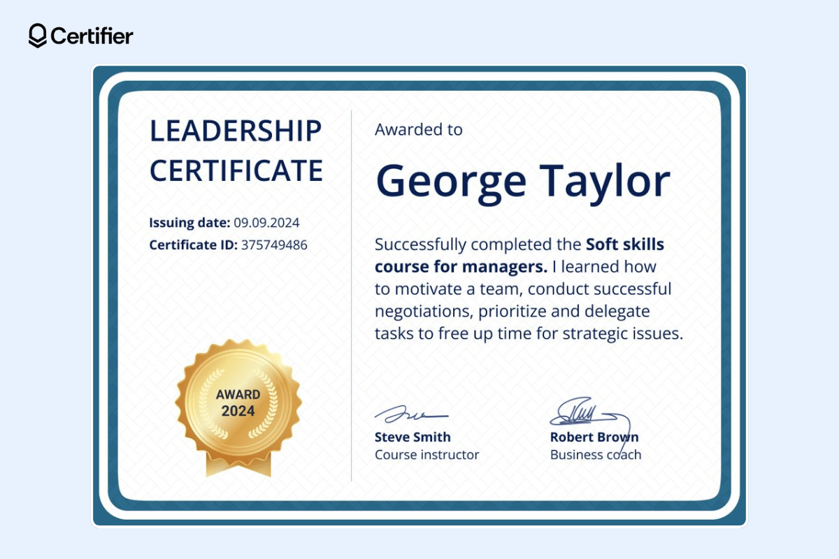 Leadership award certificate template free with two sections, golden badge and space for a QR code. Leadership award certificate template free with two sections, golden badge and space for a QR code.