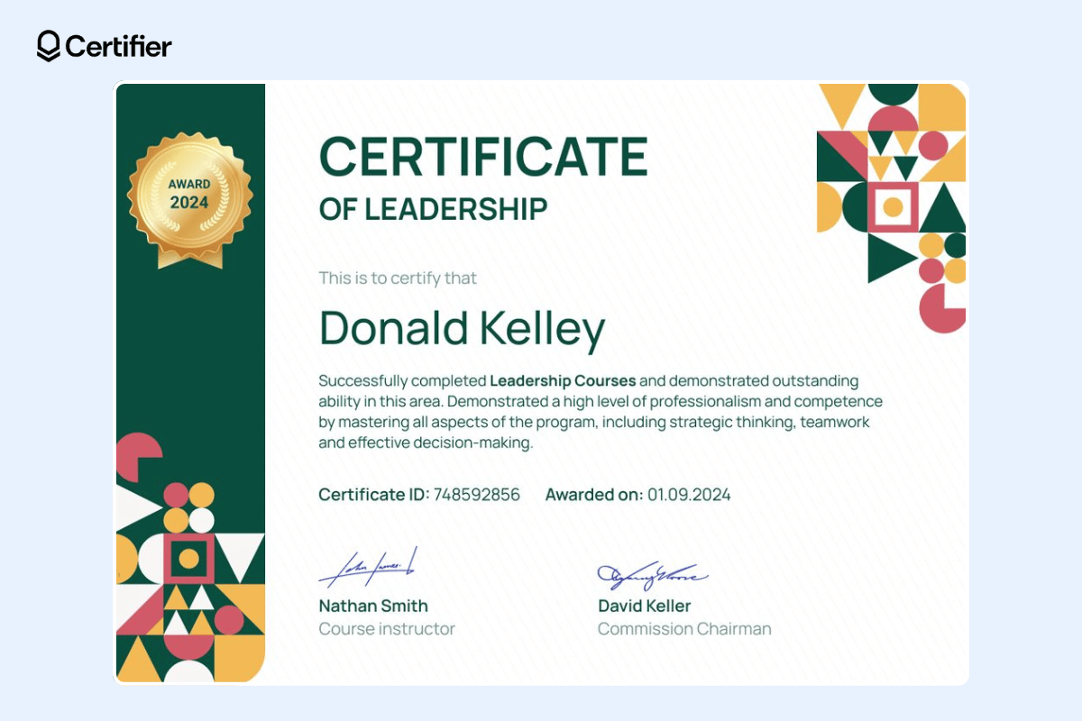 Leadership certificate sample with golden elements and dedicated space for certificate ID and issue date. Leadership certificate sample with golden elements and dedicated space for certificate ID and issue date.