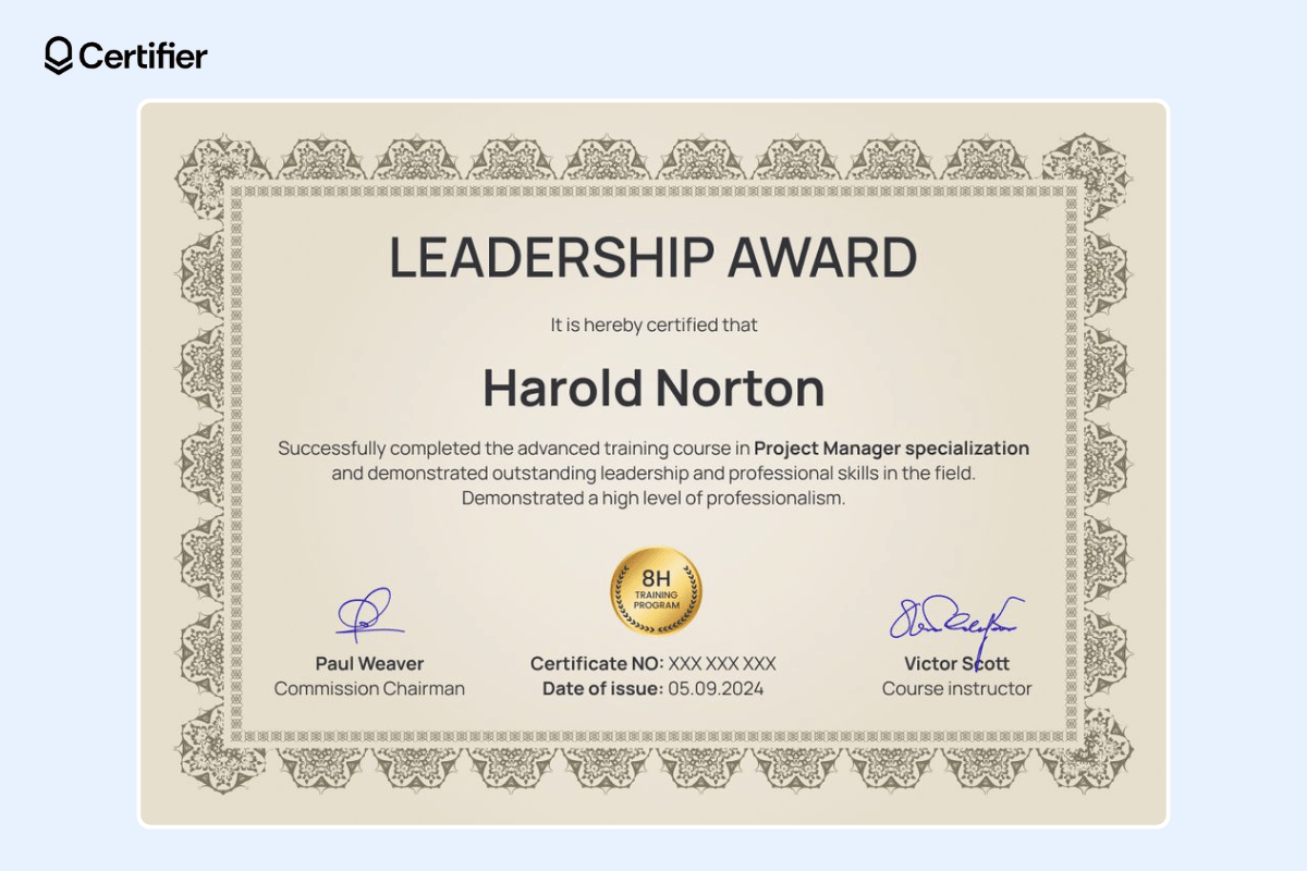 Formal leadership certificate template with ornamental patterns and a dimmed certificate background. Formal leadership certificate template with ornamental patterns and a dimmed certificate background.