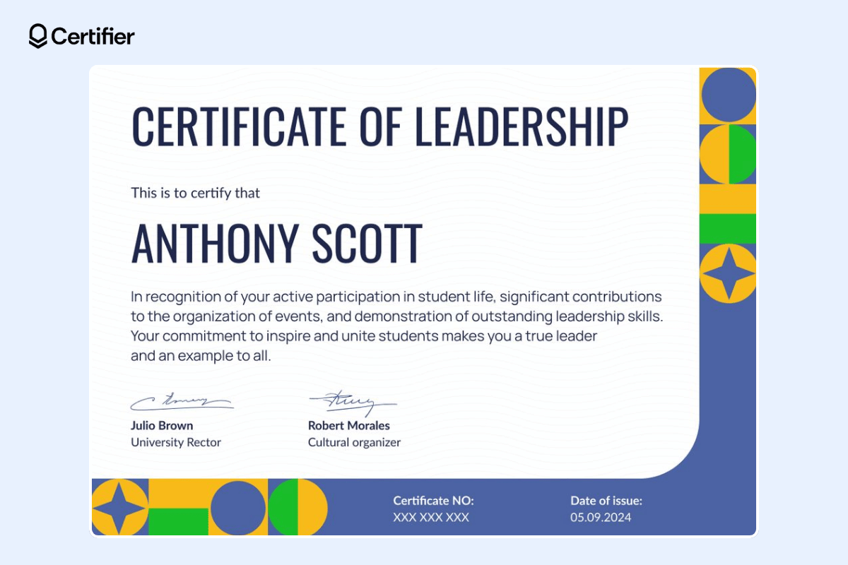 Leadership award certificate with subtle decorative elements on the borders and a lot of space for details. Leadership award certificate with subtle decorative elements on the borders and a lot of space for details.
