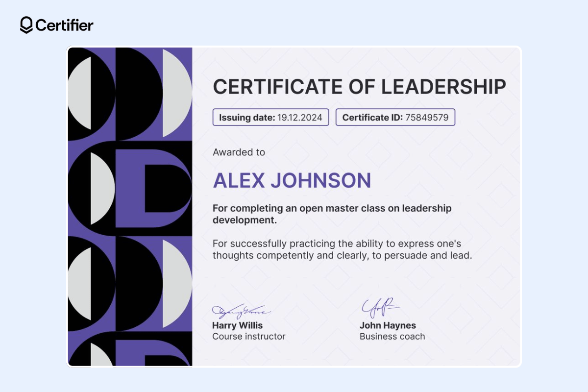 Leadership award certificate with dynamic abstract elements on the left and dedicated tags for issue date and certificate ID. Leadership award certificate with dynamic abstract elements on the left and dedicated tags for issue date and certificate ID.