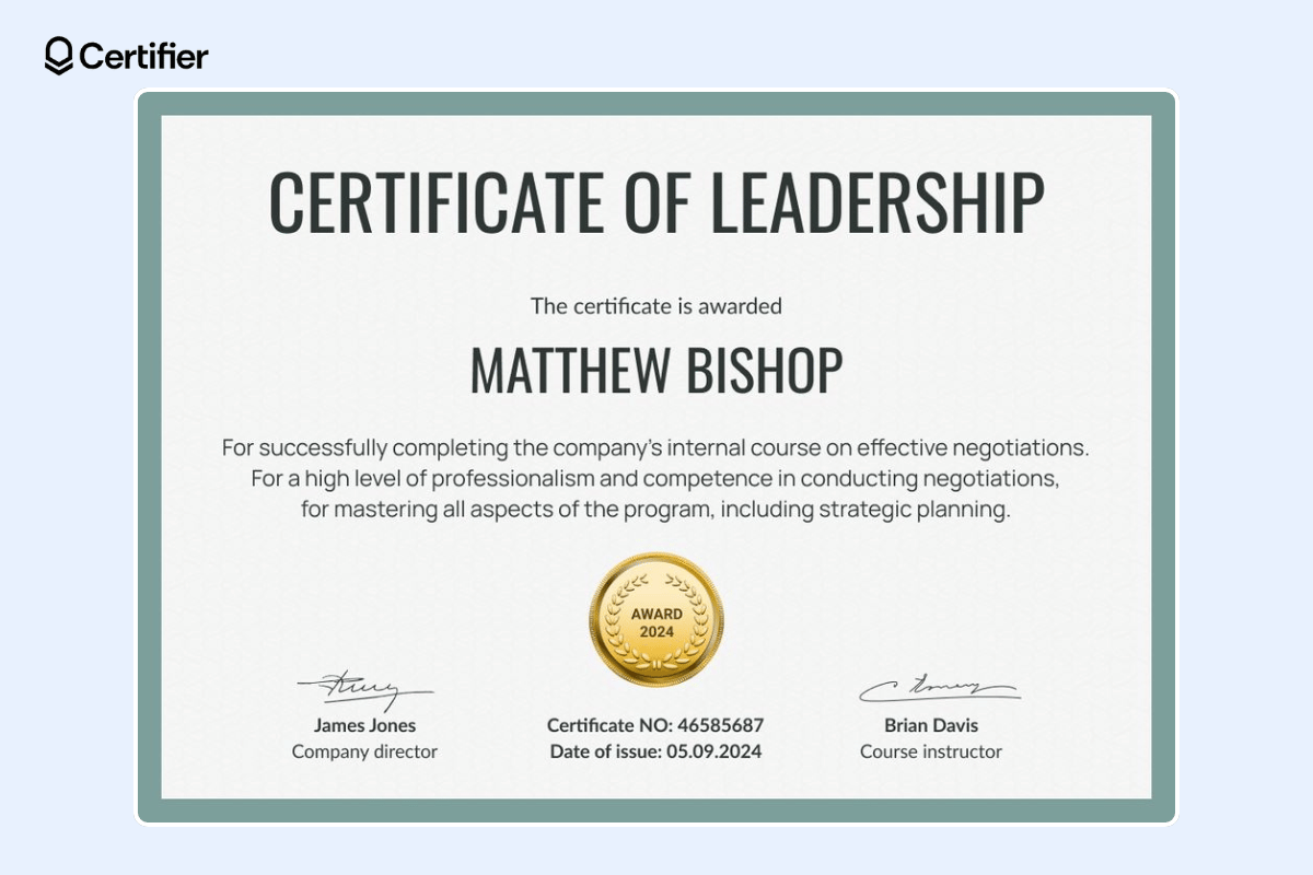 Leadership award certificate with green borders, golden badge at the center and space for certificate description. Leadership award certificate with green borders, golden badge at the center and space for certificate description.