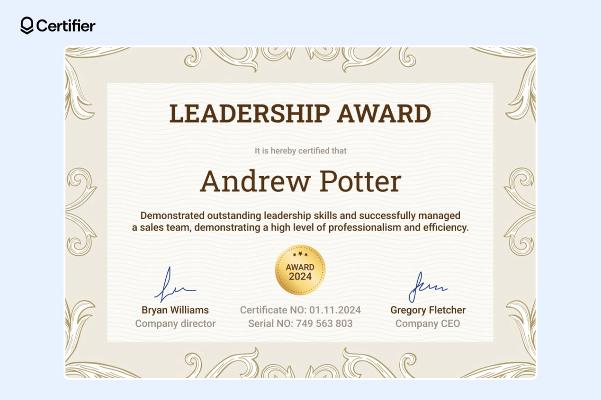 Leadership certificate template with golden badge at the center and ornamental borders. Leadership certificate template with golden badge at the center and ornamental borders.