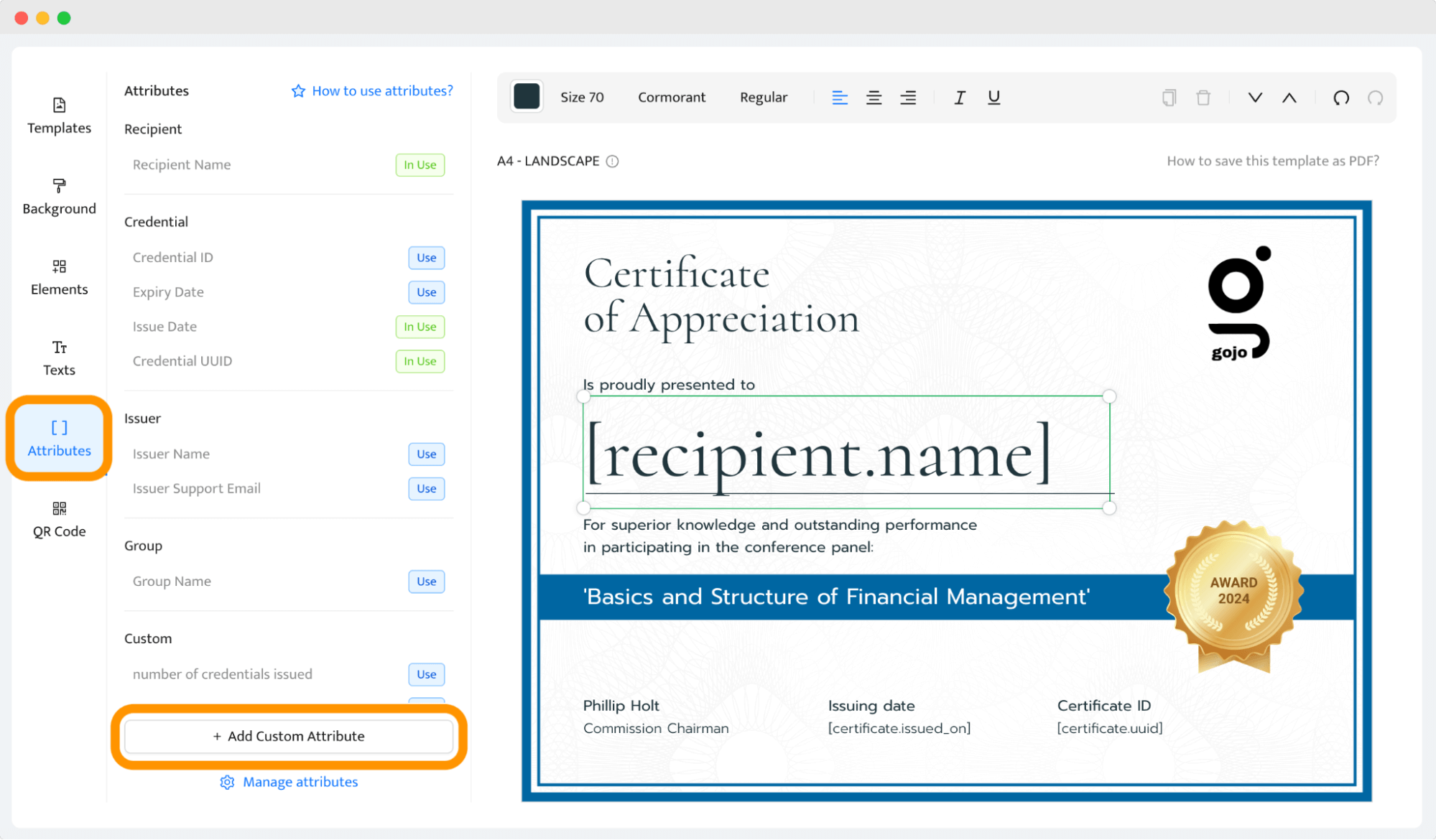 Adding custom attribute to make certificate of appreciation template. Adding custom attribute to make certificate of appreciation template.