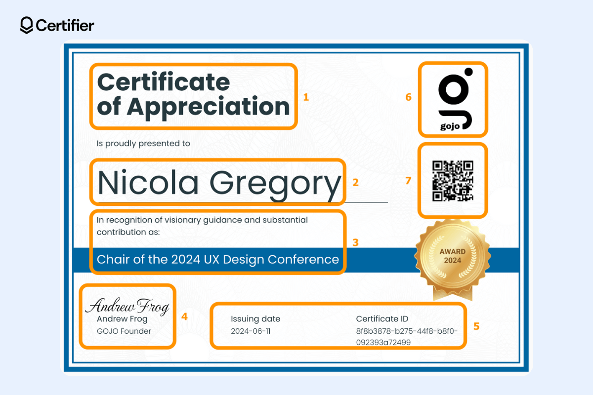 Certificate of appreciation elements like title, recipient name, QR code, company's logo, signature and details. Certificate of appreciation elements like title, recipient name, QR code, company's logo, signature and details.