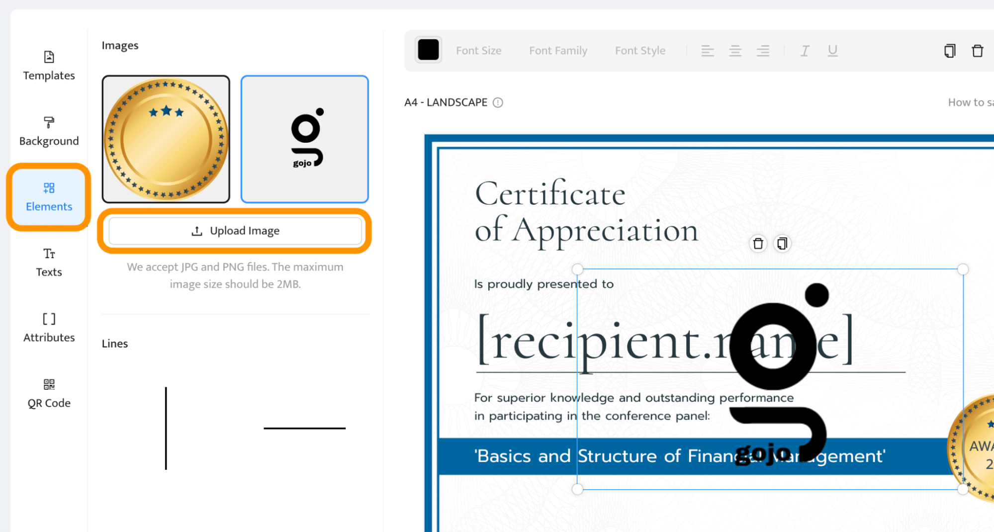 Uploading own images and the screen showing how to make certificate of appreciation. Uploading own images and the screen showing how to make certificate of appreciation.