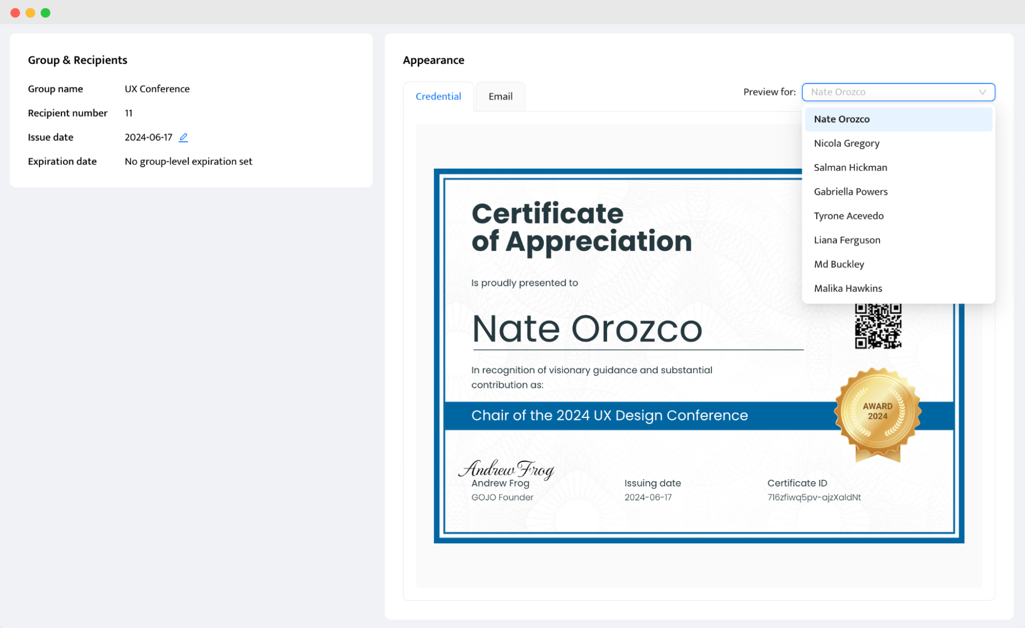 Previewing the appreciation certificates after the creation process. Previewing the appreciation certificates after the creation process.