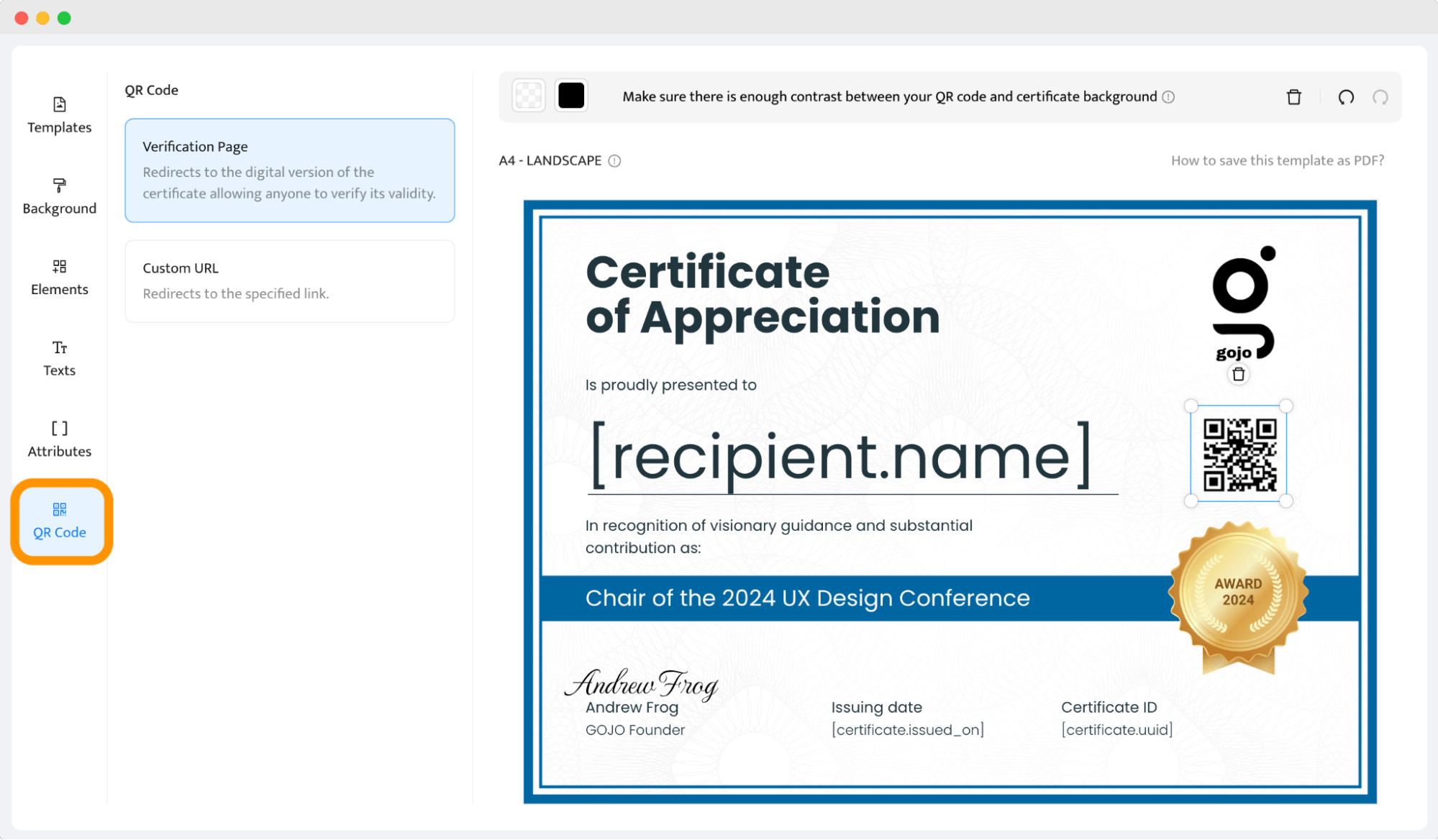 Adding a QR code to the appreciation certificate. Adding a QR code to the appreciation certificate.
