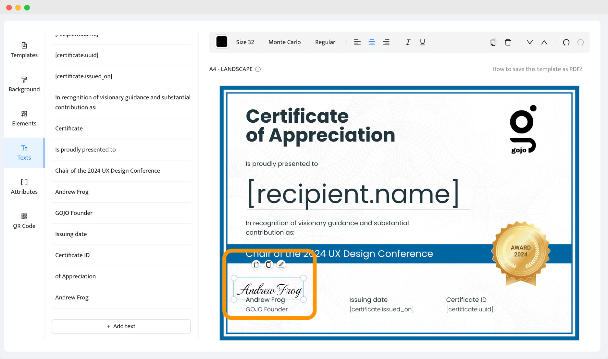 Adding signature to the certificate of appreciation template. Adding signature to the certificate of appreciation template.